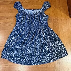 Old Navy Size 2X Blue Ditsy Floral Smocked Midi Dress Puff Sleeve Cotton Blend